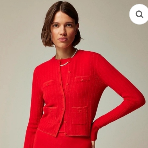 NWT J CREW Featherweight cashmere pointelle shrunken cardigan sweater red Sz L - Picture 10 of 11